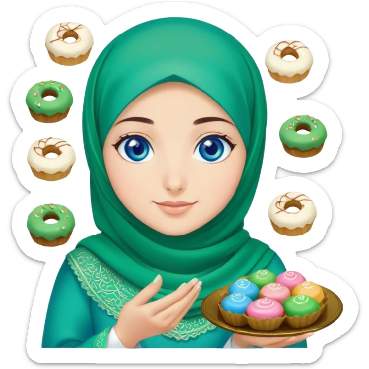 Turkish beautiful finish Konya girl blue eyes with green emerald hijab islamic dress and had on her hand text Eid Mubarak with sweets and celebrating with her friends eid days   sticker