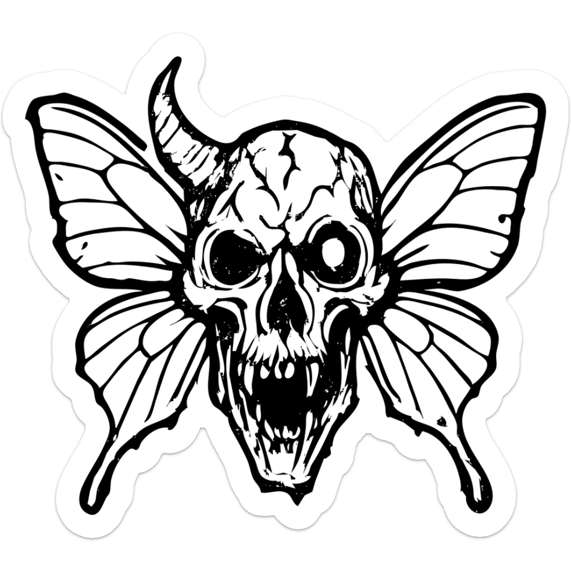 detailed red line art of nightmarish minotaur-stoat hybrid skull with broken horn and glowing eye, with moth wings, featuring mostly empty transparent center with detailed elements concentrated around the edges, heavily weathered perimeter with deliberate damage, hollow middle, twisted features, 100% red sticker