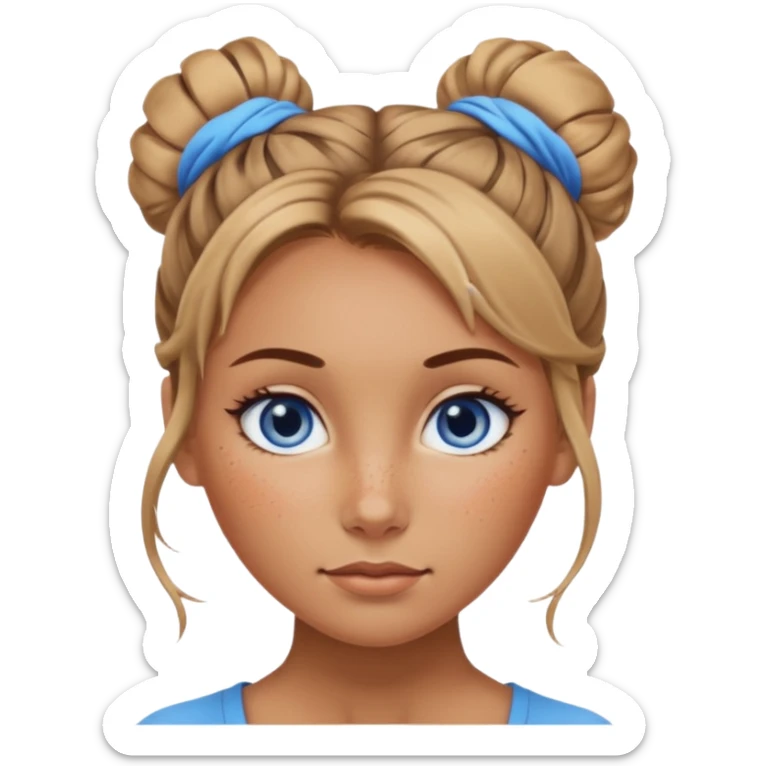Attractive Woman with tan skin, wide face, freckles, messy bun hairstyle, and blue eyes sticker