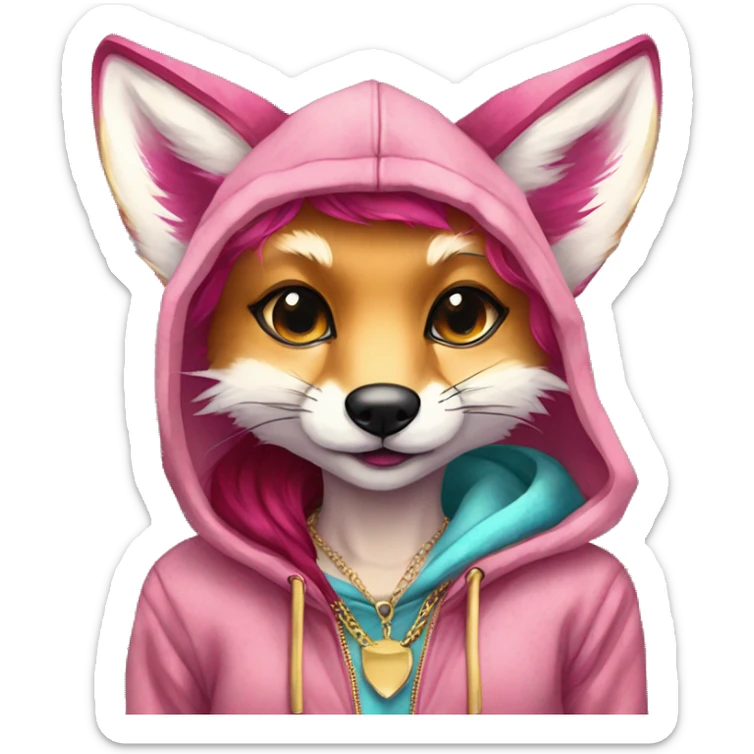Pink magenta burgundy maroon cyan beige gray fox wearing a pink hoodie with gold jewellery gold piercings gold ear piercing gold nose piercing vintage watercolour tie dye black raven wings sticker