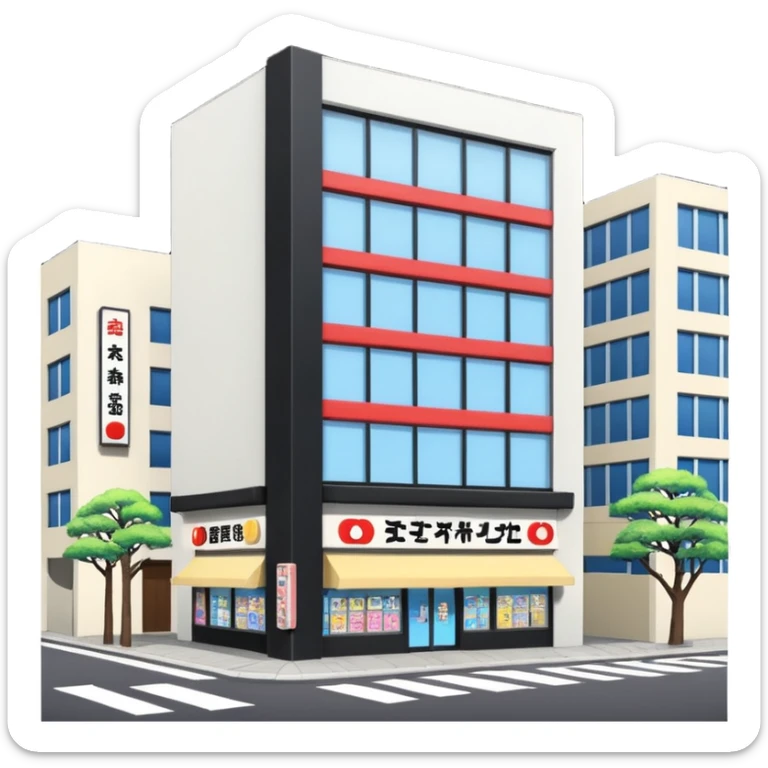 japanese anime store in modern style like in Akihabara with "anime" in japanese on a building sticker