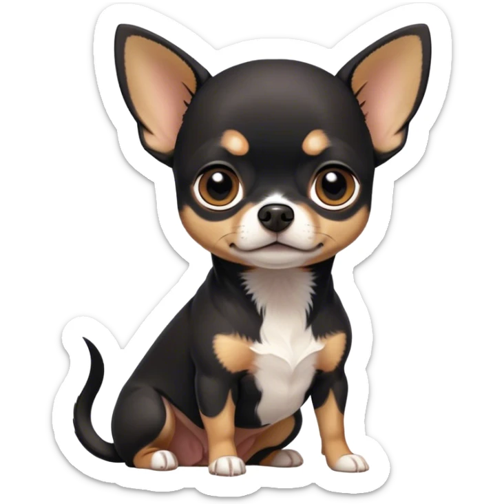 Cinematic Noble Black Tri Short Haired Chihuahua Portrait Emoji, Poised and regal, with a compact, muscular build and a striking black tri-color coat with hints of white and tan, deep-set soulful dark eyes, Simplified yet sharp and sophisticated features, highly detailed, glowing with a soft, dignified glow, high shine, intelligent and loyal, stylized with an air of strength, focused and attentive, soft glowing outline, capturing the essence of a watchful and confident guardian, so majestic it feels as though it could step out of the screen with effortless authority! sticker