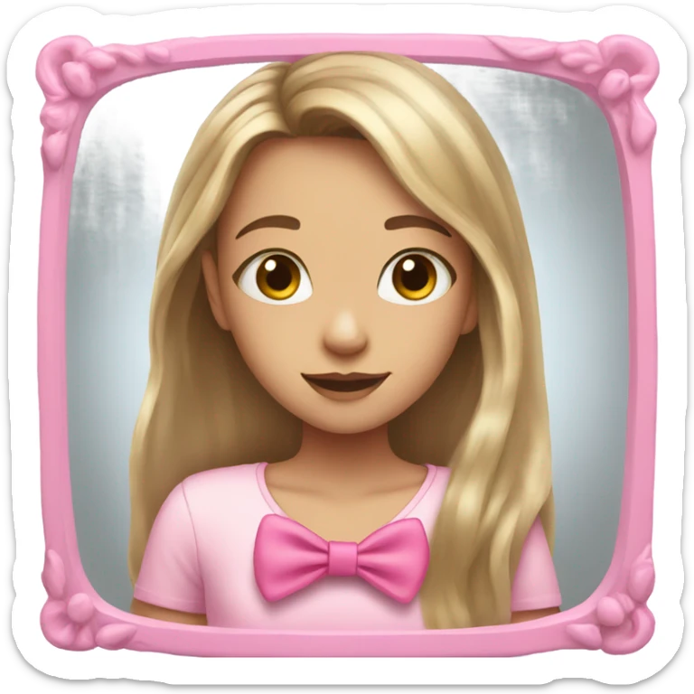 Girl with long hair with pink bow and with she's doing mirror shot sticker
