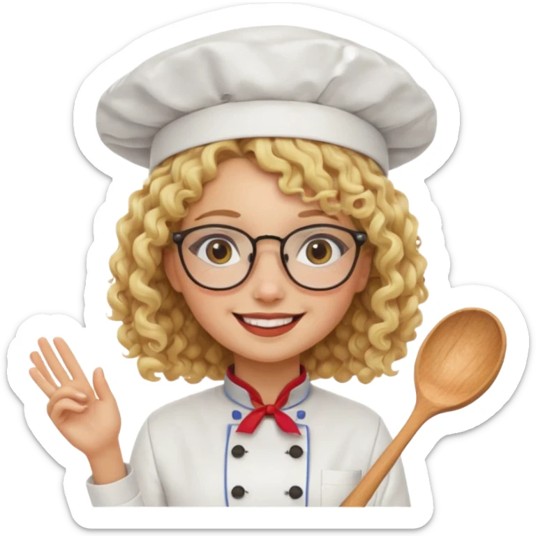 blonde girl with curly hair and glasses with a Mexican hat and chefs uniform sticker