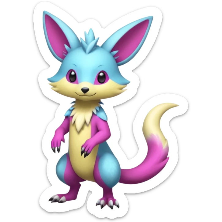 Shiny smooth realistic silky soft Cyan-Yellowish-Magenta Minccino-Zeraora-Emolga-Vernid-Sergal-fusion-hybrid-animal-creature, full body sticker