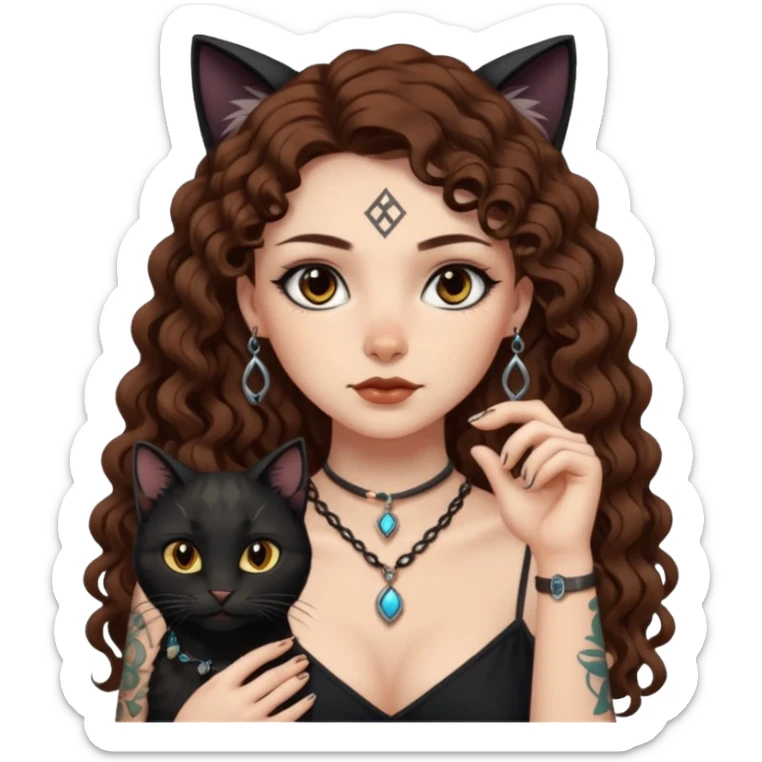 woman with long curly brown hair, brown eyes, white skin, tattoos, black cat wearing tiny rune necklace judging everyone sticker