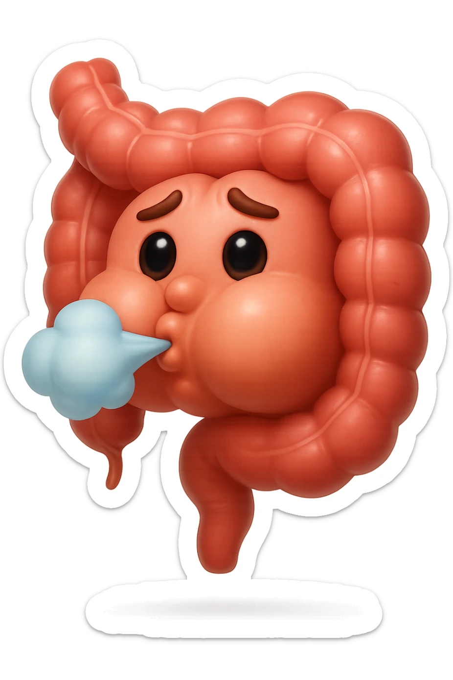 emoji stile iphone di un intestino che ingoia una nuvoletta di aria ben visibile e gli si gonfia la pancia, non fargli il naso, iperrealistico 4k sticker