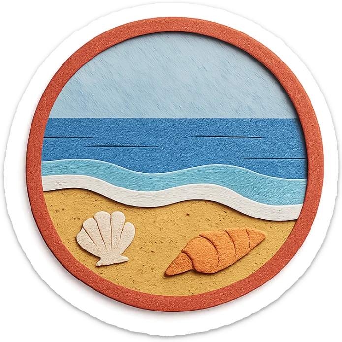 view of the ocean from the beach with sand, shells, and gentle waves, red and white sticker