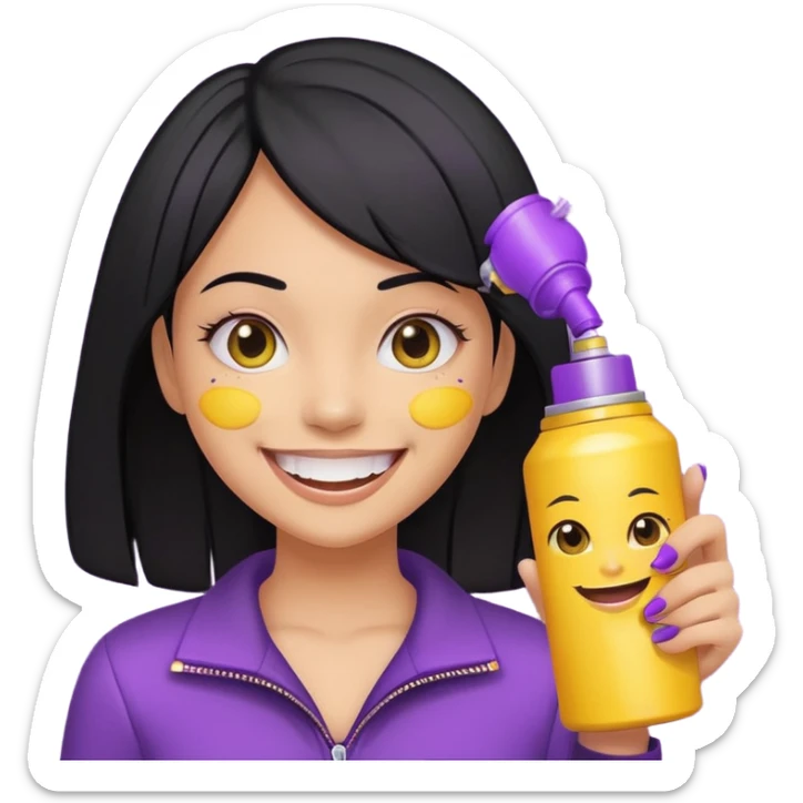 a girl with shiny black hair, big smile showing yellow teeth, holding a closed purple spray can, Genmoji emoji style sticker