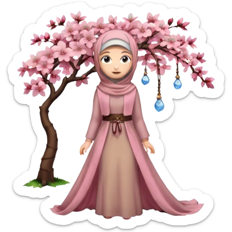 Turkish beautiful finish Konya girl blue eyes with hijab and floor length long tail cherry blossom design dress sticker