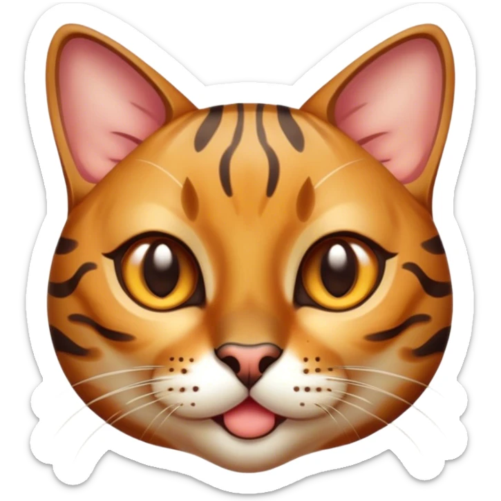 Cinematic Cute Bengal Cat Portrait Emoji, Head tilted playfully and inquisitively, sleek spotted brown and gold tones, Simplified yet adorable features, highly detailed, glowing with a warm, friendly glow, high shine, curious and affectionate, stylized with a touch of whimsy, bright and alert, soft glowing outline, capturing the essence of a mischievous yet loving kitten, so endearing it feels like it could pounce out of the screen and play! sticker