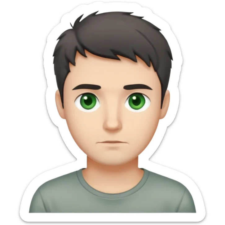 man with dark messy short hair, dark green eyes, wearing a gray t-shirt sticker