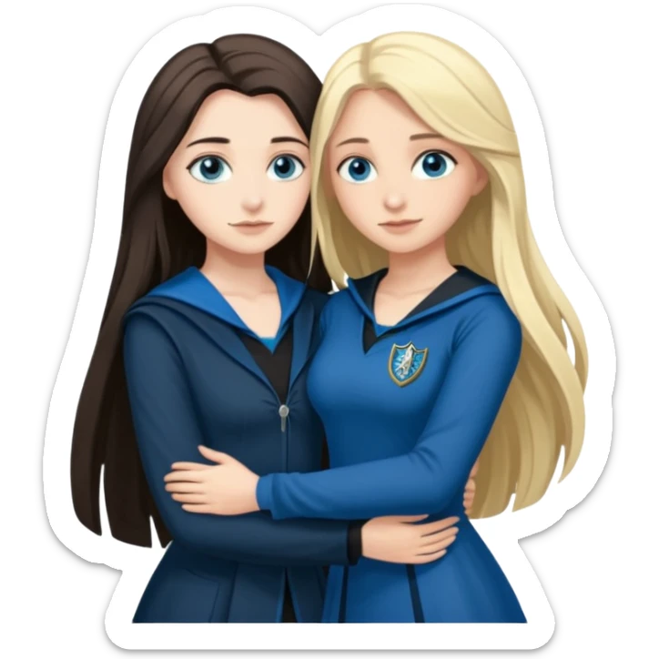 a pretty ravenclaw girl with long dark brown hair and blue eyes standing with a hot Slytherin girl with long blonde hair, blue eyes and big boobs  sticker