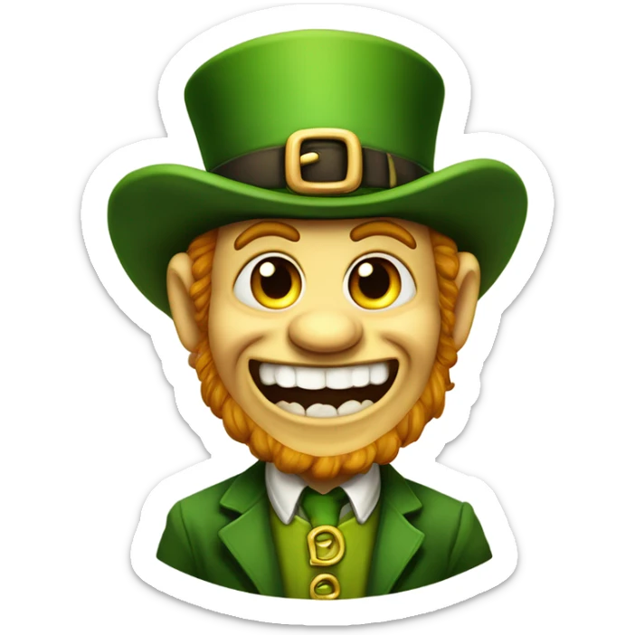 Leprechaun with laughably crossed eyes and an open mouth with crooked teeth. Just one yellow skin. Eyes more crossed. Whole body cross the eyes. Small beady eyes sticker
