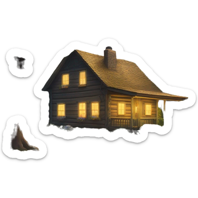  very very big Cabin near a big tree.  Thick moss growing on the roofs. The cabin thick grass fields. porch lights turned off. bright white interior lights turned on. guests sitting in chairs on the porch, flowers and bushes yellow and blue, near Scooby  sticker