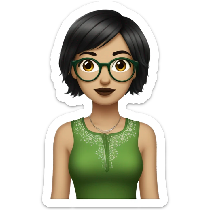 White skinny girl in a green kurta with flower design, glasses, alot of piercing, gay, red lips, nose ring, full body, short straight black edgar hair, black straight hair, front bangs sticker