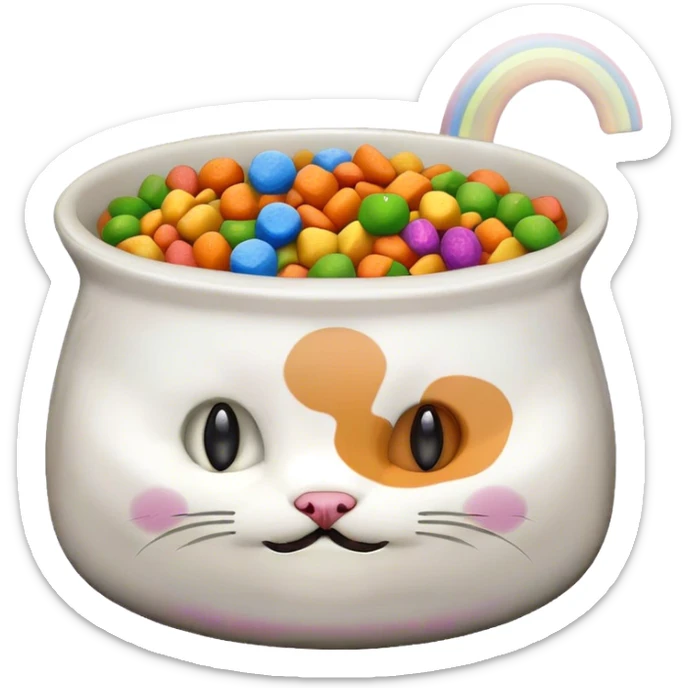 cute cat food bowl, the food is piled on top of the bowl where it is so full. Make the kibble in the food bowl white with rainbow pieces sticker