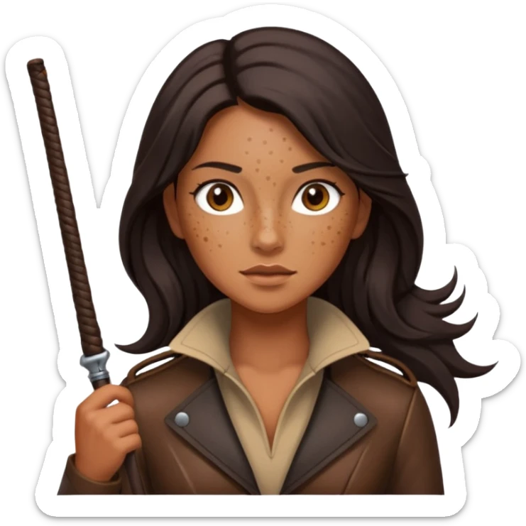 Tan skin with freckles, long dark hair, hazel eyes Dominatrix with a whip sticker