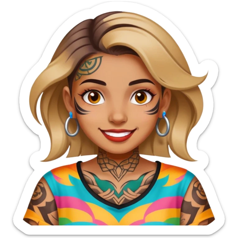 girl with bold face tattoos, happy face, wearing a colorful shirt sticker