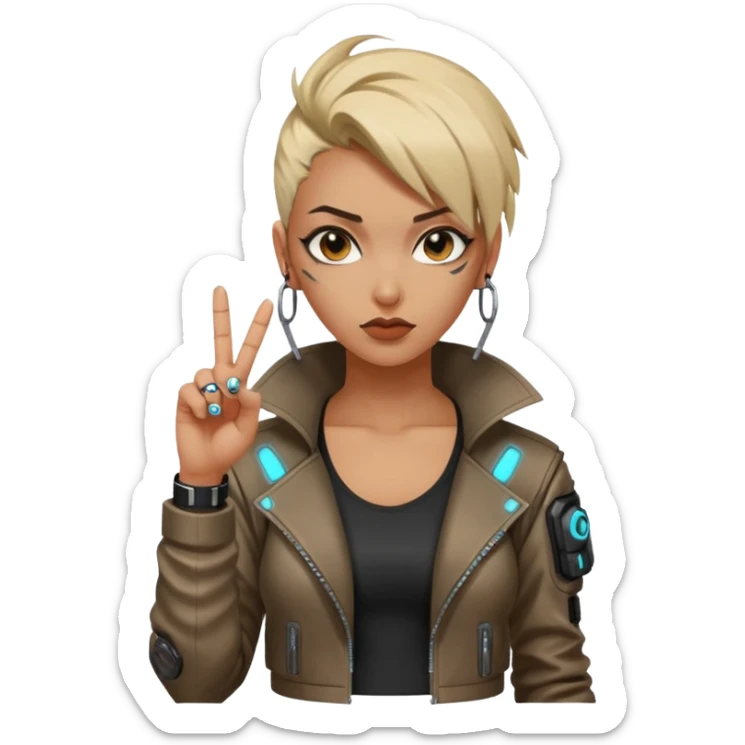 Woman with her tongue out in cyberpunk clothing and giving the middle finger. Looking naughty. sticker