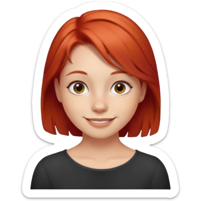 smiling girl in indoor setting red hair, mole on the right cheek sticker