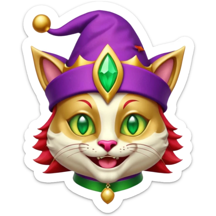 crazy colorful cute little cat jolly joker from poker, medieval, vintage, court jester, mac os icon, purple, gold and red color, half body, emerald green ice eyes, golden earrings. Squared shape as 3D mac os icon, symmetrical sticker