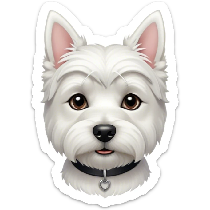 Cinematic Noble West Highland White Terrier Portrait Emoji, Poised and regal, with a compact, sturdy build and a pristine, well-groomed pure white coat, deep-set soulful dark eyes, Simplified yet sharp and sophisticated features, highly detailed, glowing with a soft, dignified glow, high shine, intelligent and loyal, stylized with an air of confidence, focused and attentive, soft glowing outline, capturing the essence of a watchful and determined companion, so majestic it feels as though it could trot out of the screen with effortless authority! sticker