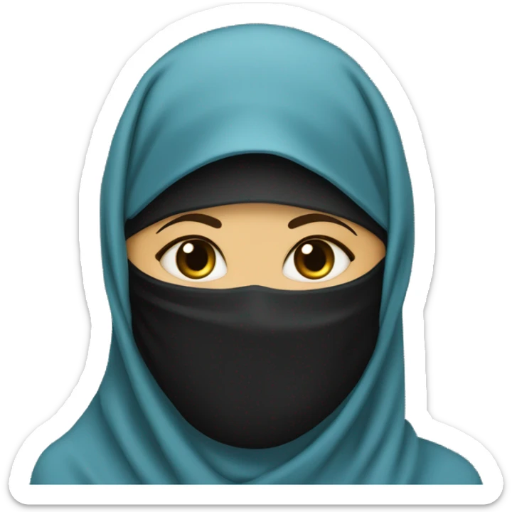 niqabi with a light blue abaya and a black niqab that covers her eyebrows and noes sticker
