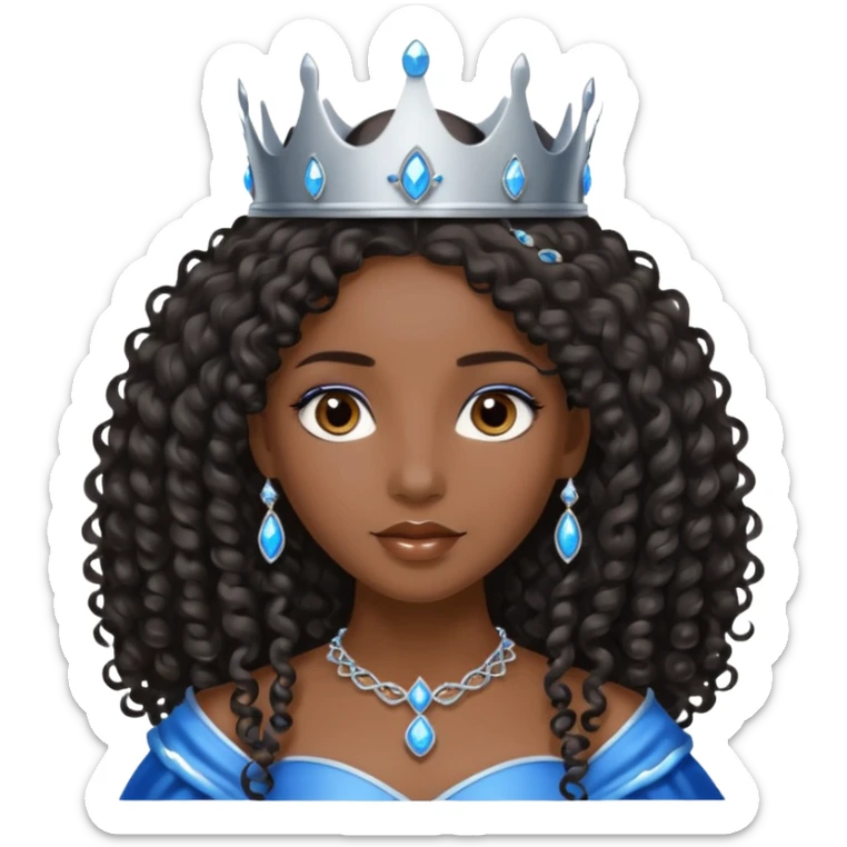 Por favor hazme el emoji de la princesa pero morena con el pelo negro y rizado y largo, los ojos marrones y la corona plateada con jollas azules sticker