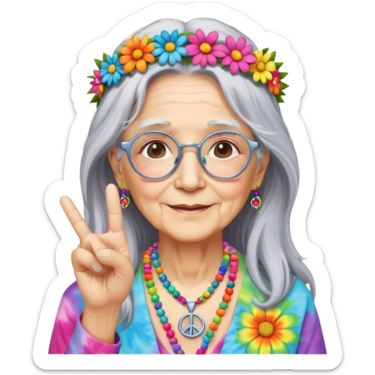 Elderly woman with long gray hair, peace sign necklace, colorful tie-dye clothing, round glasses, flower crown, hippie grandma sticker