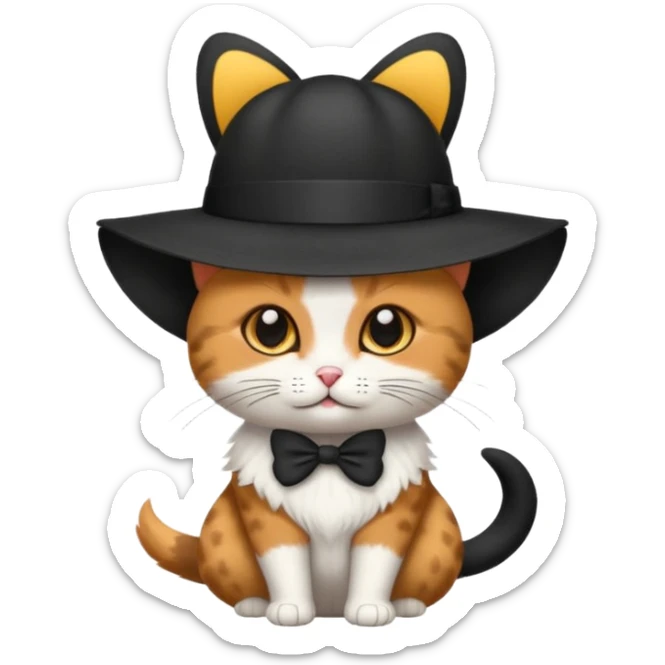 Chat blanc avec des tâches noir en costume, neud papillon et chapeau. sticker