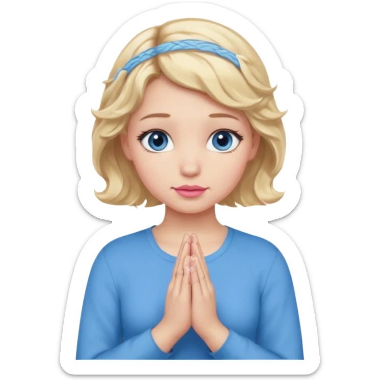 Girl Blonde short wavy hair,  blue eyes, cute blue top, long lashes, pink lips, praying hands sticker