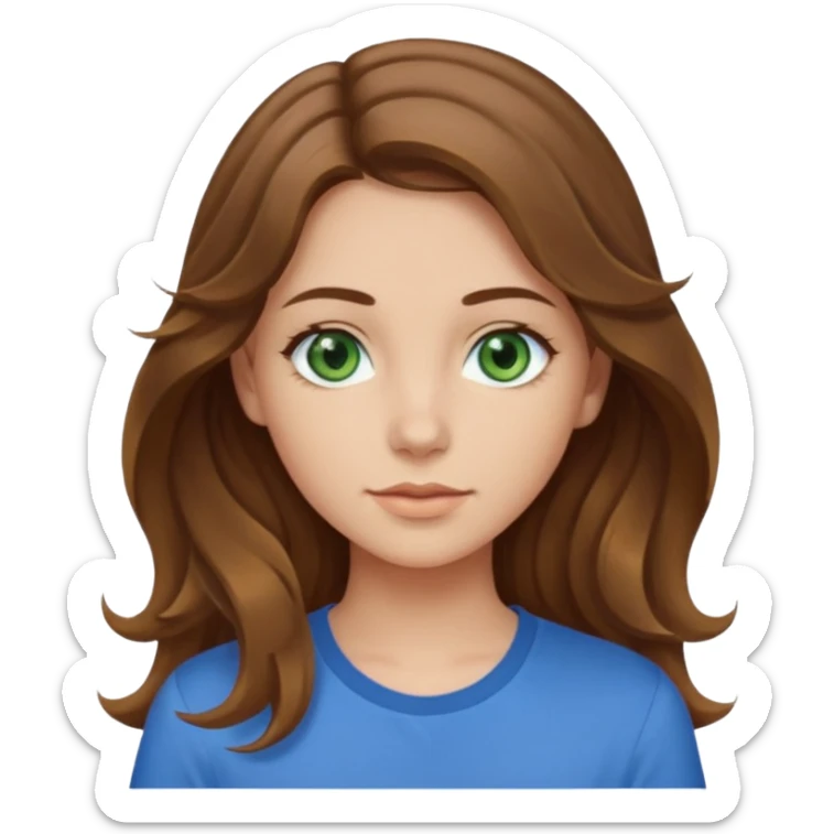 girl with brown hair, green eyes with a blue shirt no background ,young with wavy hair long brown hair with tiny blonde highlights sticker
