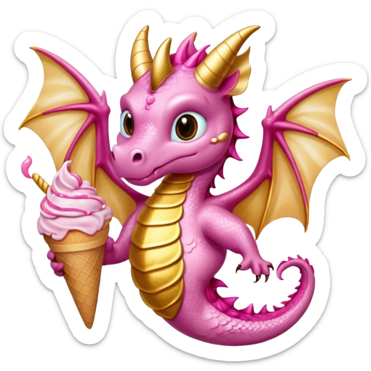 A dragon with its shiny glittered wings in pink tones and pink and gold legs, eats vanilla and chocolate ice cream sticker