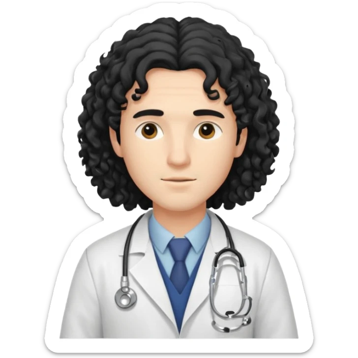 A young male slim doctor with long black curly hair hair which covered his forehead sticker