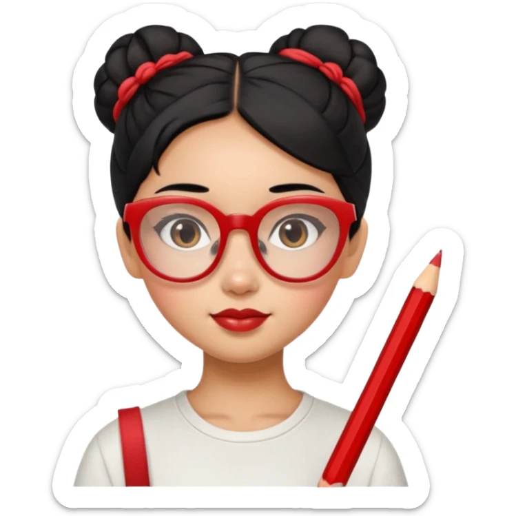 Morena girl with black hair that's in a bun style, with a pencil holding the bun in place. she has a cute rectangular red glasses sticker