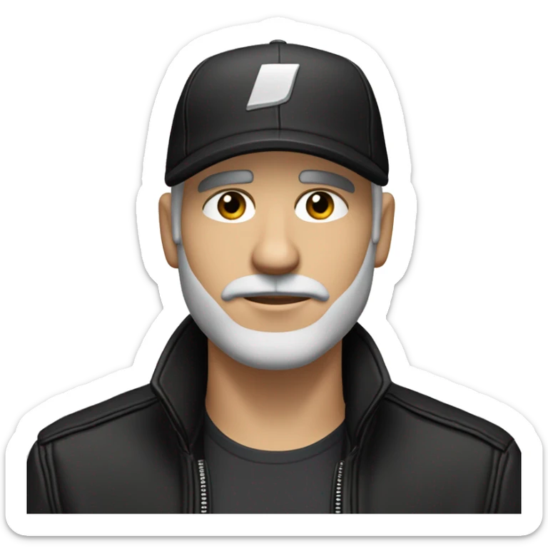 An adult white skin portrait of male with stubble and a slightly gray beard, brown hair, black eyes, wearing a black Reebok cap with a round emblem on his head, and a black leather jacket and stand collar. sticker