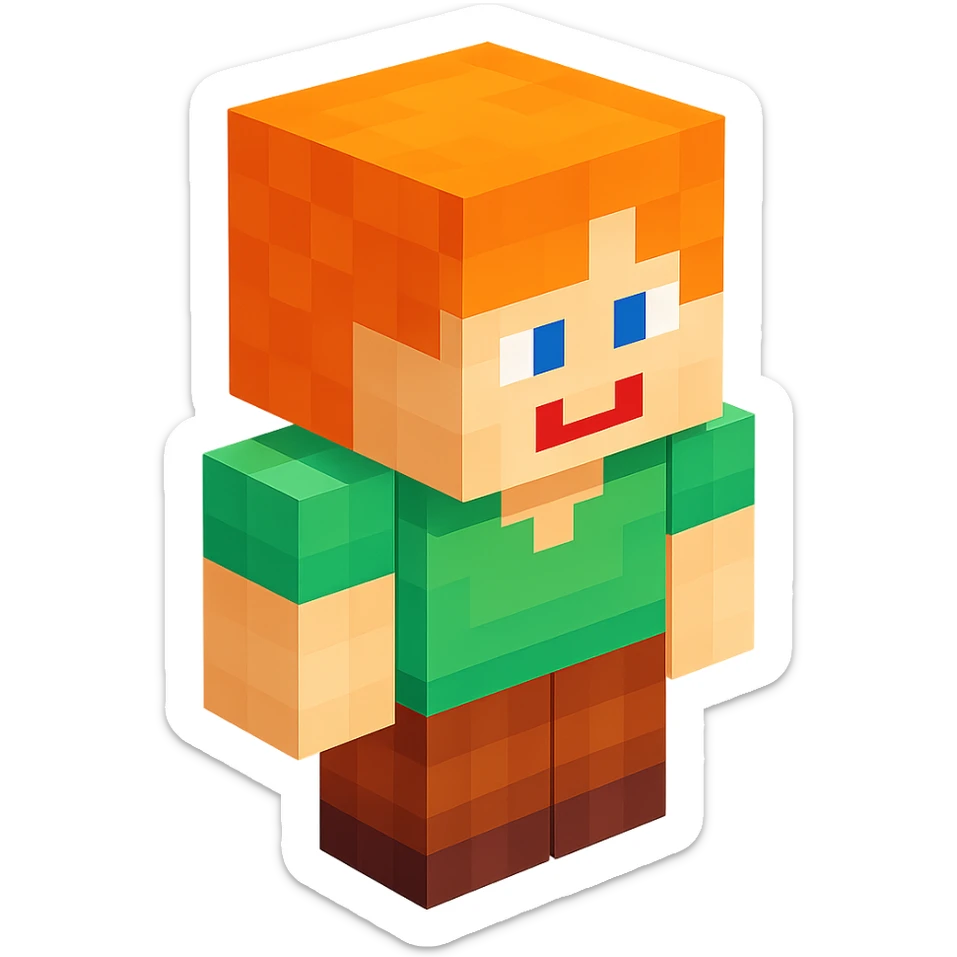 Alex from Minecraft, 3D blocky voxel style, orange hair, green shirt, brown pants, facing forward, smiling expression, classic Minecraft look sticker