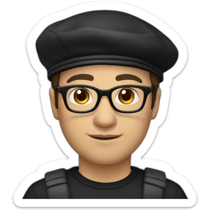 drummer, man, caucasian, black hair, wearing a black beret, glasses, and black t-shirt sticker