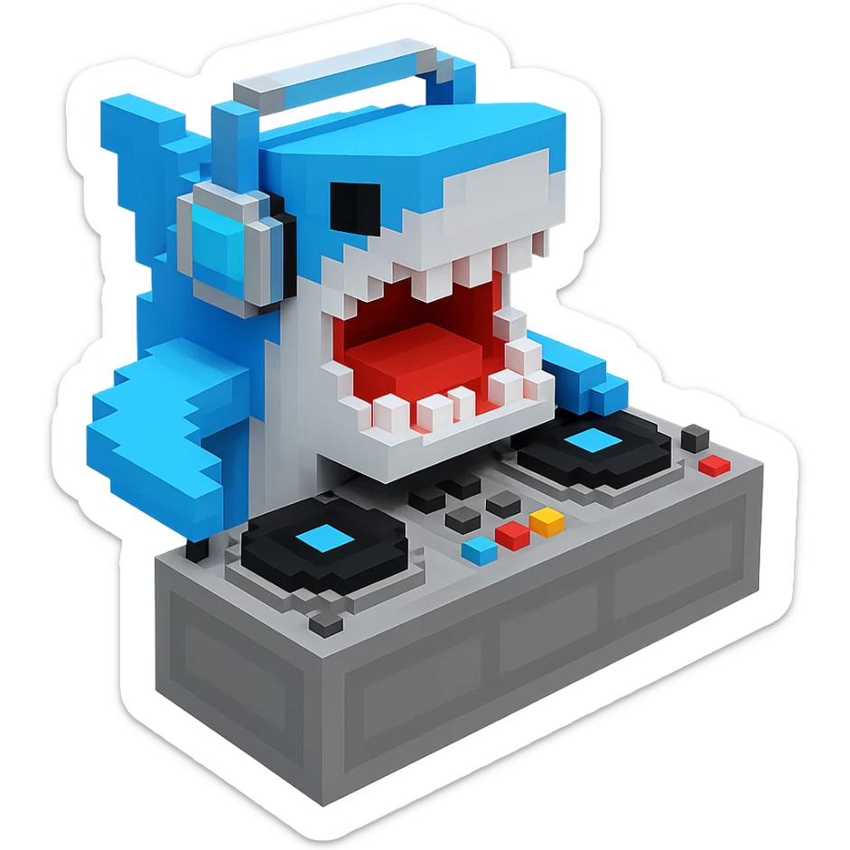voxel style shark with dj set, open mouth, blocky, blue and silver, no background sticker