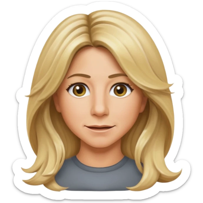 Jennifer Aniston emoji icon, wavy blonde hair, expressive eyes, neutral background sticker