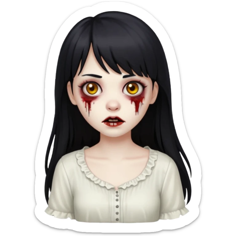 Um emoji de uma menina zombie de blusa branca num fundo preto de cabelo longo e preto e franjinha sticker
