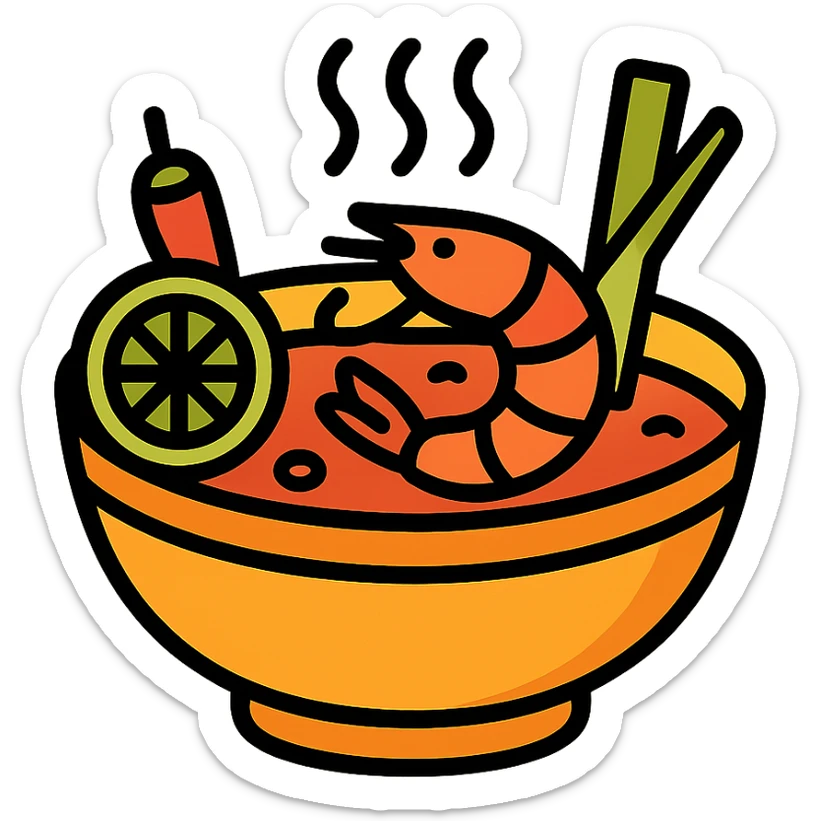 tom yum soup, steaming bowl with shrimp, lemongrass, chili, and lime, vibrant colors, appetizing, icon style sticker
