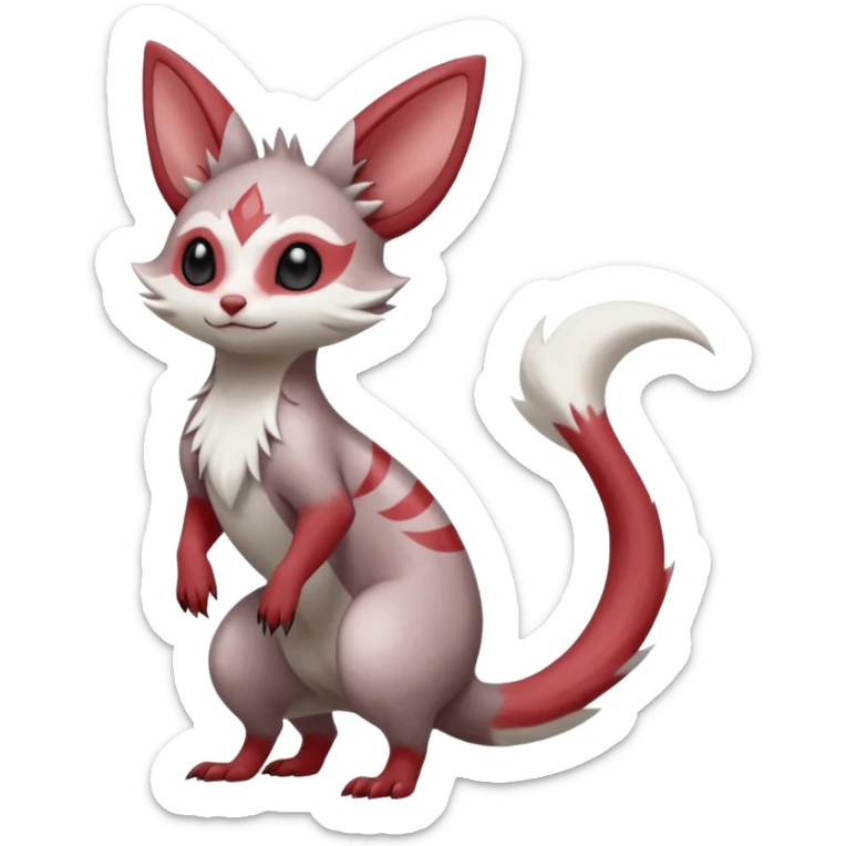 Minccino-Lykoi-Emolga-Pachirisu-Zangoose-fusion-hybrid-animal-Fakémon-creature, full body, thin long sleek scaly tail, intricate markings sticker