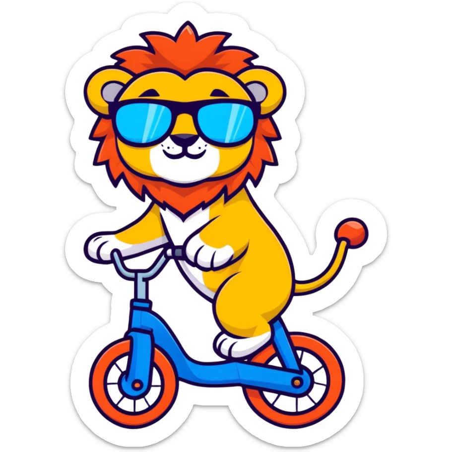 lion riding a bike with sunglasses, cartoon sticker style sticker