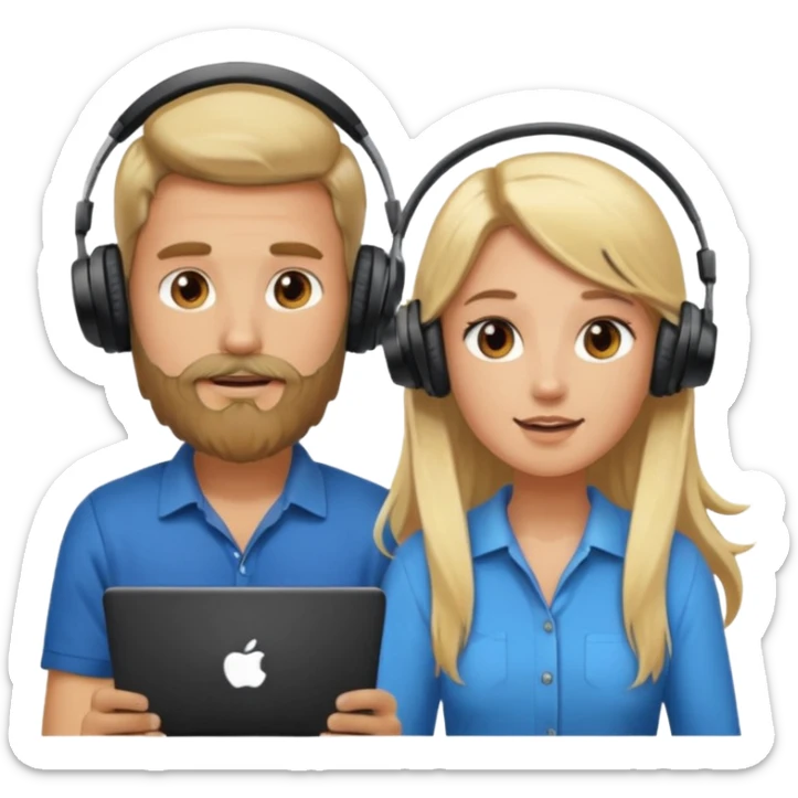 pareja hombre con barba y mujer rubia  pelo largo  charlando en streaming con auriculares sticker