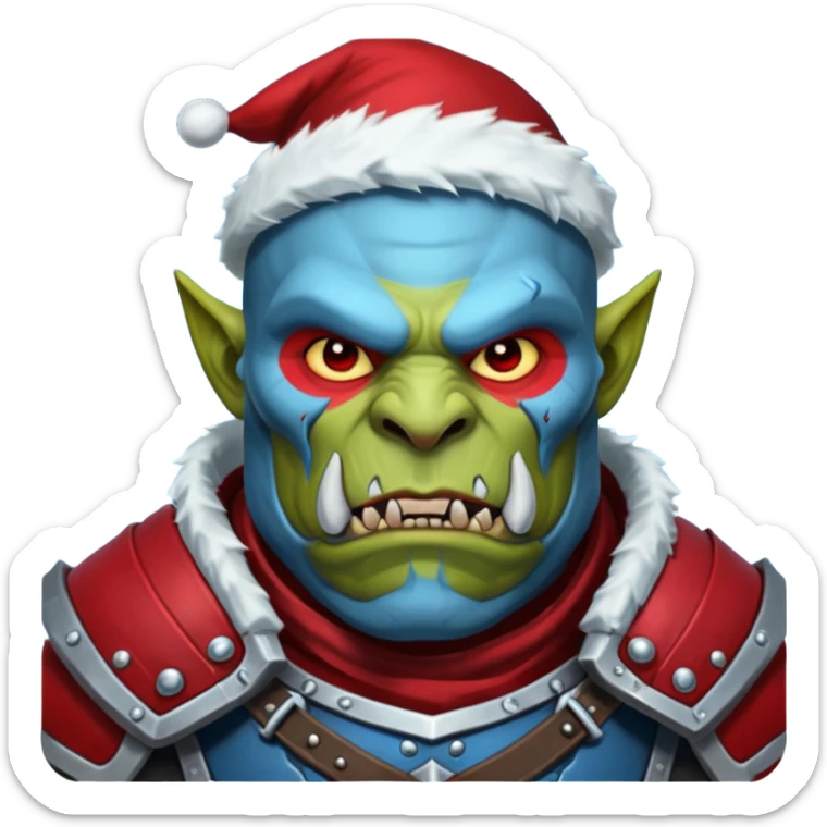 Fantasy Christmas orc legion soldier icon, iron tundra army theme, heavy winter armor, disciplined brutal look, dark icy steel armor with bold crimson cloth and markings, cold blue shadows, high contrast, clean emoji portrait style
 sticker