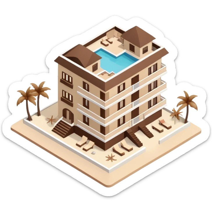 Isometric exterior brown and beige luxury beach resort hotel, dollhouse style 3D realistic  sticker