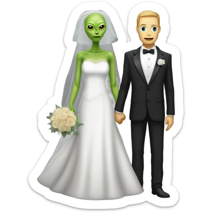 White humman man in a tuxedo holding, Alien reprilian woman in wedding dress, and one , hands getting married sticker
