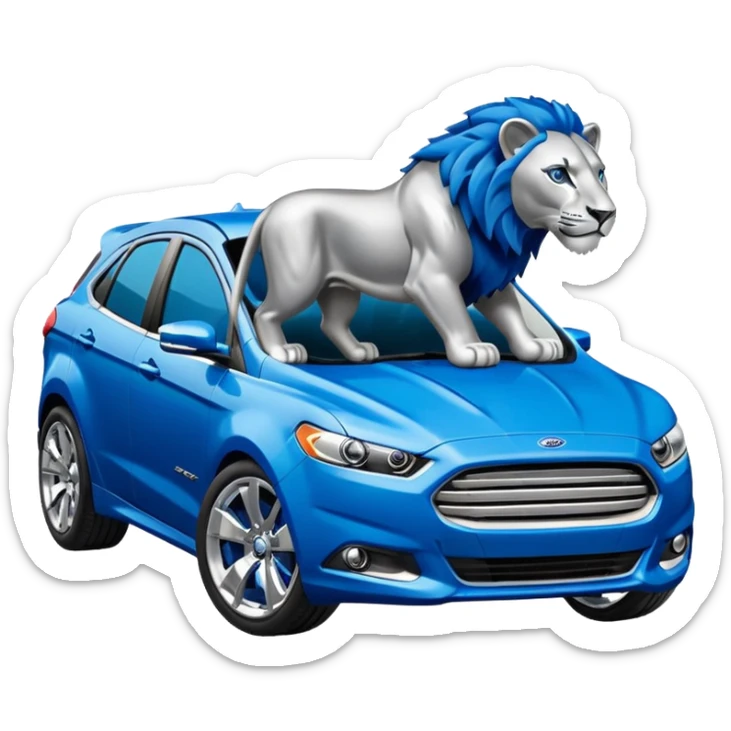 Stylized Ford car emoji with Detroit Lions branding, blue and silver paint, lion mascot on the side, energetic and dynamic look sticker